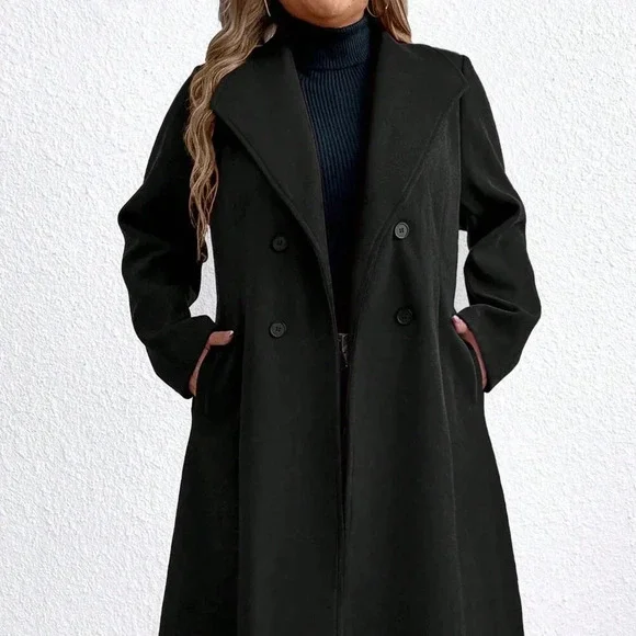 Black Casual Women's Plus Size Plain Double Breasted Pocket Long Sleeve Overcoat